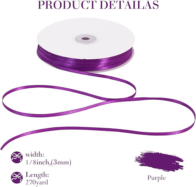 TONIFUL 1/8 Inch x 200 Yards Purple Thin Solid Satin Ribbon Giant Spool Double Face Ribbons for Crafts Hanging Tags Invitation Card Balloons Bouquet Hair Gift Wrapping Party Decoration