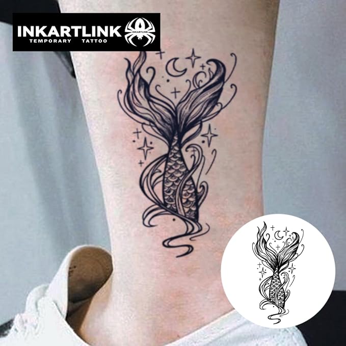 INKARTLINK Tattoo Tech, 2 Sheets Large Semi Permanent Tattoo, Adult Art Design Temporary Tattoos, Lasts 1-2 Weeks, Waterproof, Realistic Look, No Adhesive, No Reflection (Mermaid Tail Design)