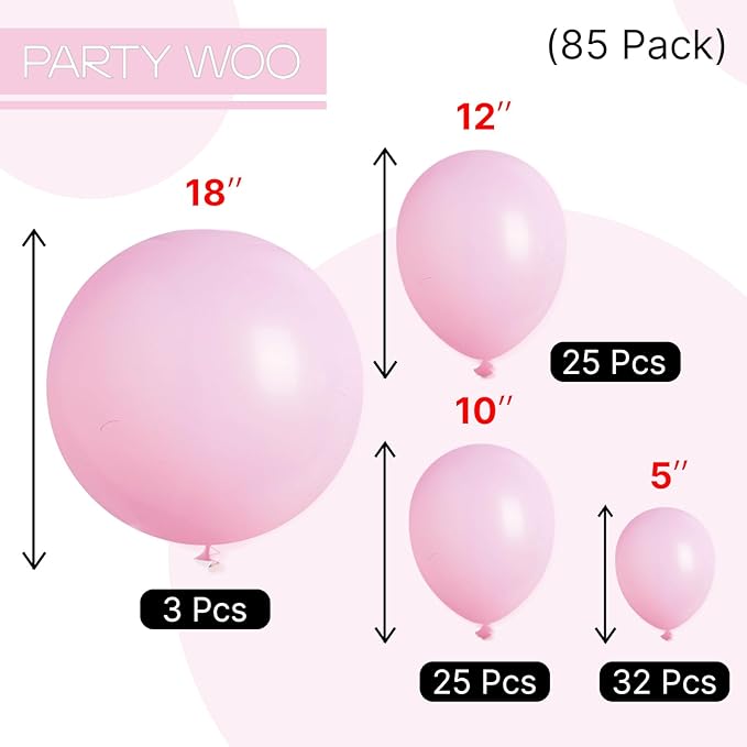 PartyWoo Light Pink Balloons 85 pcs Different Sizes of 18 12 10 5 Inch Pastel Baby Pale Pink Balloon Arch Kit Garland for Baby Shower Valentine's Day Princess Birthday Party Decorations Pink-Q05