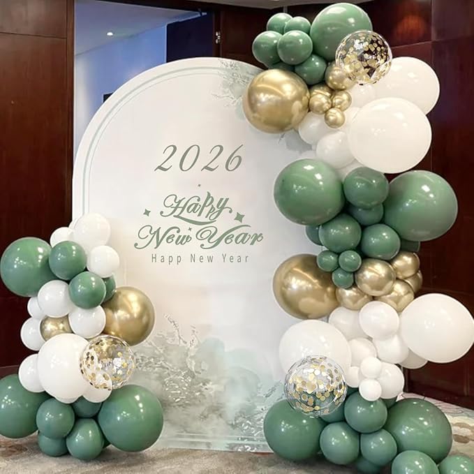 Sage Green Balloon Arch Kit, 166Pcs Olive Green White Gold Balloons Garland for Baby Shower Birthday Wedding Jungle Safari Party Decoration