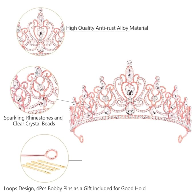TODDER Rose Gold Tiara for Women Girls Rhinestone Princess Queen Crowns Crystal Headband for Girls Wedding Hair Accessories for Bridal Birthday Party Prom Halloween Cosplay Holidays