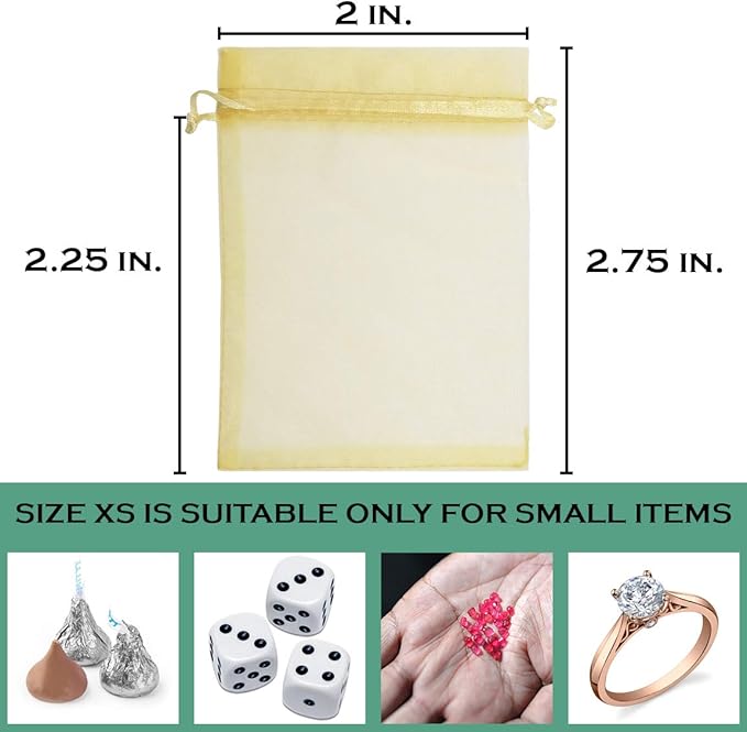 TheDisplayGuys 100-Pack XS 2 x 2 3/4" Gold Sheer Organza Gift Bags with Drawstring, Jewelry Candy Treat Wedding Party Favors Mesh Pouch