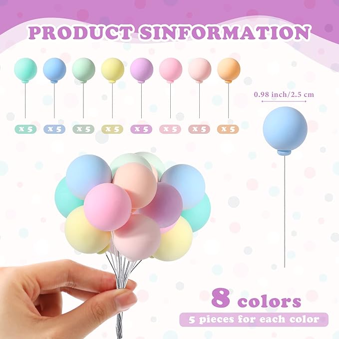 Sieral 40 Pcs Mini Balloon Cake Toppers Colorful Rainbow Cake Topper Round Clay Balls Cupcake Toppers for Birthday Baby Shower Wedding Party Decorations(Pastel Color)