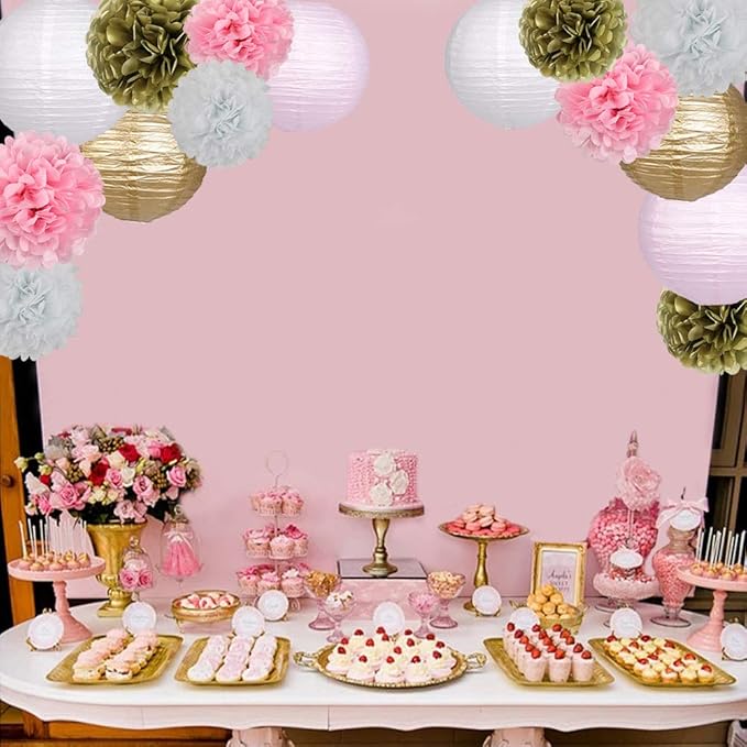 Pink Gold Party Decorations, Pink Gold Paper Lanterns and Pom Poms Flowers for Birthday Party Baby Showers Engagement Tea Party Decor 15PCS
