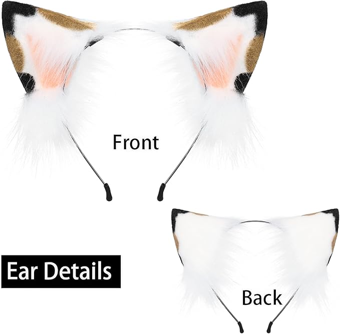 QinRuan Animal Cosplay Costume Accessories Furry Faux Fur Cat Ears Headband and Fox Tail Set Halloween Accessory