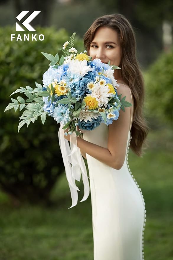 FANKO Rose Artificial Flowers Combo for DIY, Fake Blue Rose Silk Flowers Greenery, Faux Flowers for Wedding Bridal Bouquet, Baby Shower, Table Centerpieces, Floral Arrangement, Party Home Decoration