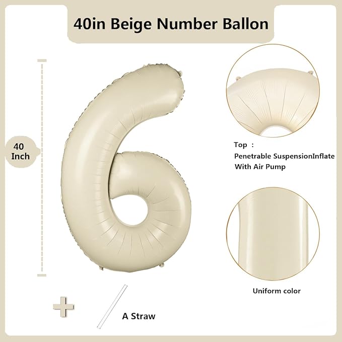 40 inch Cream White Number Balloon Giant Foil Helium Balloons Beige Number 6 Balloon for 6th Birthday Party Anniversary Decorations Supplies