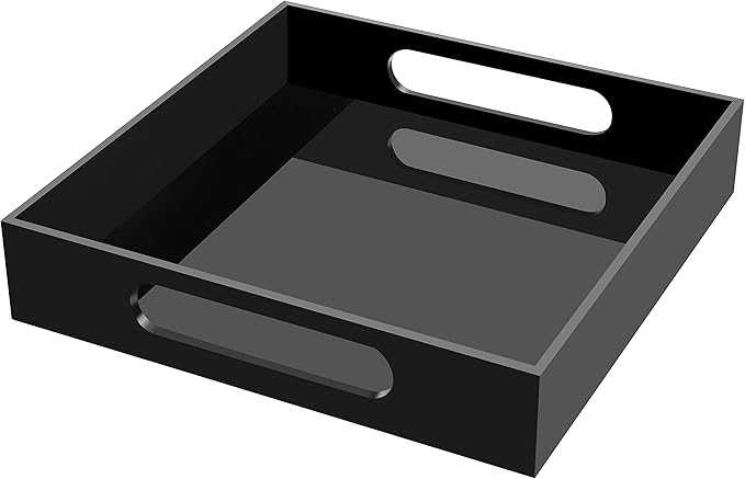 Home Decorative Coffee Table Tray, 10"x10" Elegant Acrylic Serving Trays with Handles Works for Eating, Breakfast, Makeup Drawer Organizer,Bathroom Vanity Table,Ottoman Tray, Black
