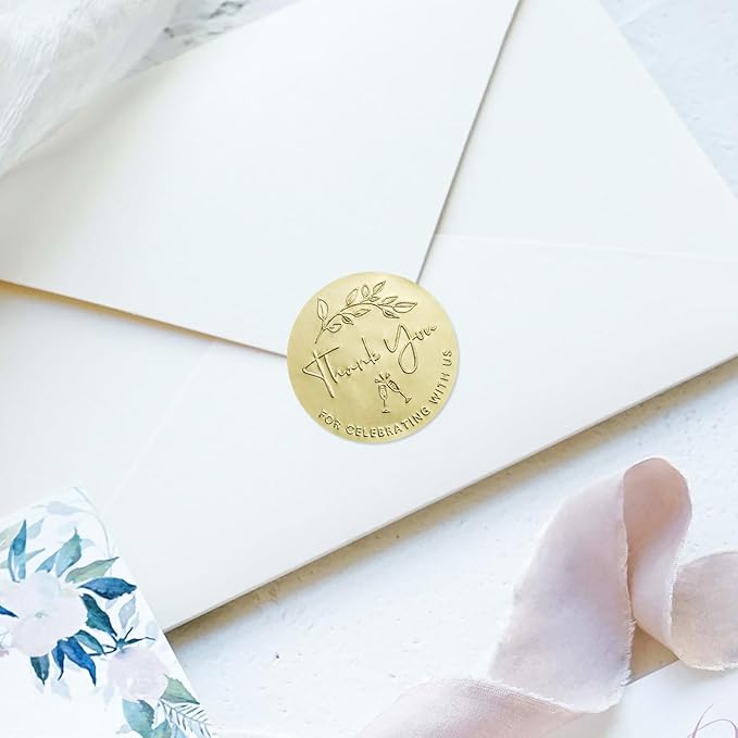 100 x Embossed Wedding Stickers Thank You for Celebrating with Us Favor Tags Party Favor Labels Gold Foil Embossed Round Sticker Tags Metallic Foil Wedding Decor 1.6 inch