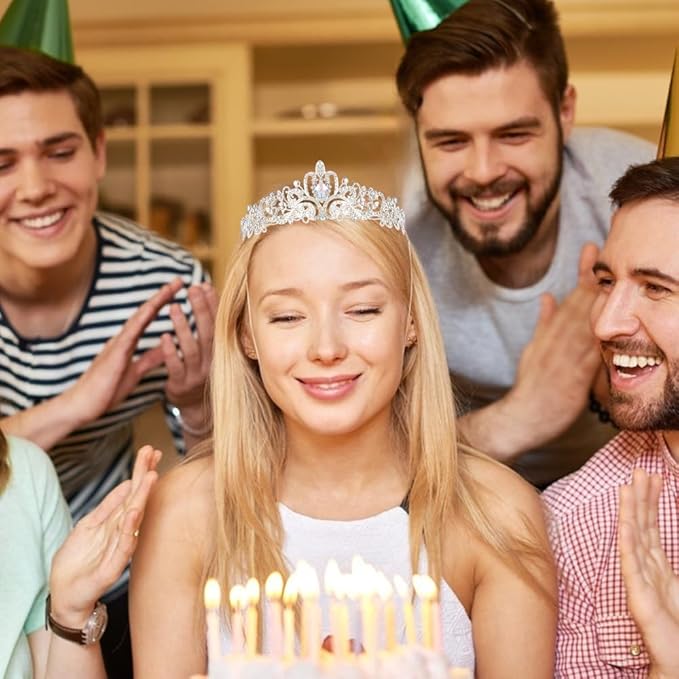 AOPRIE Birthday Queen Sash & Tiara, Silver, 2 Pack, Women & Girls, Classic Design, Rhinestone Embedded, Adjustable, 5.5 Inch Length, 60 Inch Sash