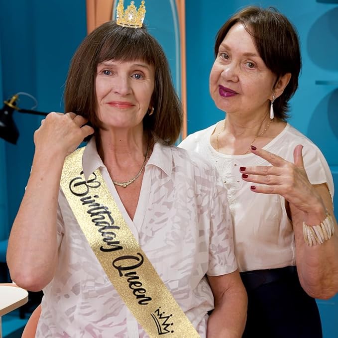 Birthday Queen Sash for Women Tiara & Crowns Headbands for Girls Happy Birthday Party Accessories Favor Supllies Leona Black Gold Pink, 2 Pack