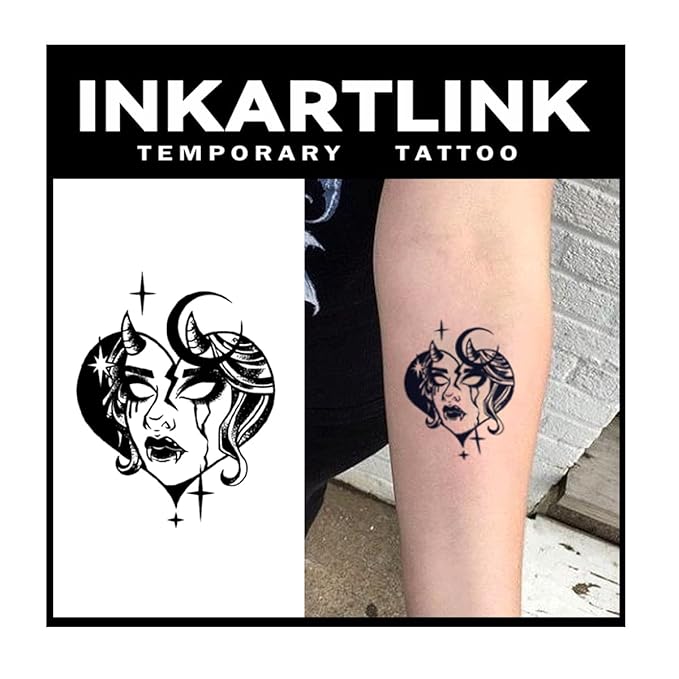 INKARTLINK 2 Sheets Medium Semi Permanent Tattoos, Temporary Tattoos, Adult Art Designs, Waterproof, Realistic, No Adhesive, No Reflective, Lasts 1-2 Weeks (Dark Moon Queen)