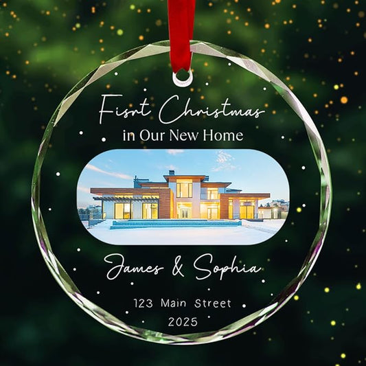 Personalized Round Christmas Crystal Glass Ornaments Custom Xmas 2025 Ornament for Christmas Tree Decorations Customized First Christmas in New Home Tree Hanging