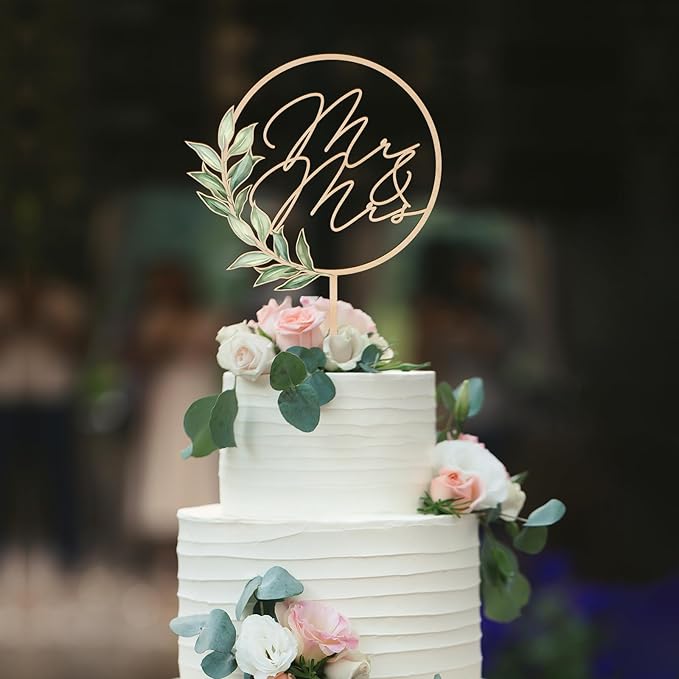 Mr & Mrs Cake Topper in Wood Greeny Wedding Cake Topper Decoration