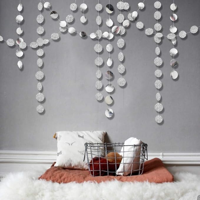 Cheerland Silver Party Decorations Circle Garlands Silver Birthday Decorations Banner Hanging Streamer Backdrop Decor Bday Bridal Bachelorette EID Graduation Christmas NYE New Year Eve Party Supplies