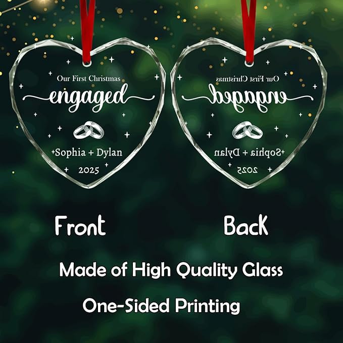 Personalized Crystal Glass Christmas Heart Ornaments Custom 2025 Name Ornament for Tree Decorations Customized First Christmas Engaged Tree Hanging Gifts for Lovers