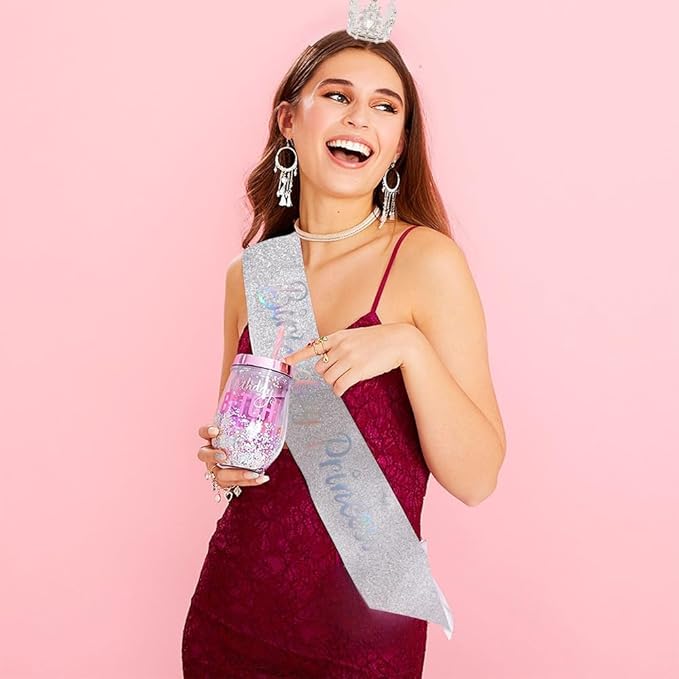 Birthday Princess Sash for Women Tiara & Crowns Headbands for Girls Happy Birthday Party Accessories Favor Supllies Leona Silver Pink, 2 Pack