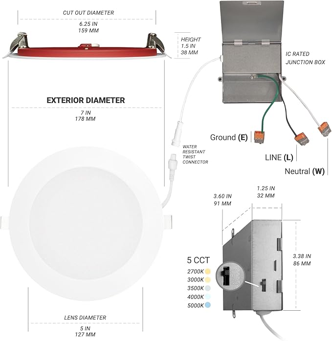 NUWATT 12 Pack 6 Inch 2 Hour FIRE Rated LED Recessed Lighting, 2700K/3000K/3500K/4000K/5000K Selectable, 1200 Lumens Dimmable, Wet & IC Rated Ultra Thin Canless LED Wafer Lights, No Fire Cone Needed