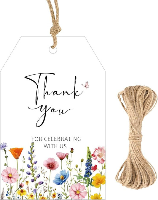 G2PLUS 50Pcs Wildflower Thank You Tags - Floral Gift Tags with String, Thank You for Celebrating with Us Tag, White Paper Party Favors Hangtag for Wedding, Baby Shower, Bridal Shower, Birthday