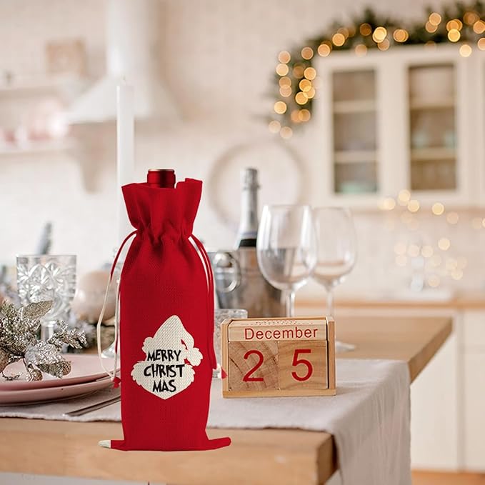Funny Christmas Wine Bags for Wine Bottles Gifts Christmas Wine Bottle Cover Drawstring Gift Bags Red Burlap Wine Bag for Xmas Birthday Housewarming Holiday Wedding Party Decorations