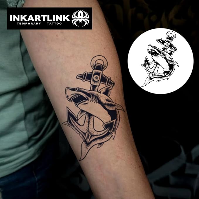 INKARTLINK Semi Permanent Tattoo, Creative Party Tattoo, Exquisite and Realistic Design, Interesting Tattoo Experience, Cruelty-free, Non-reflective, Waterproof (Shark Anchor)