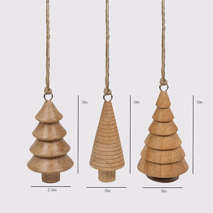 CG Hunter Holiday Collection Assorted Set-of-3 Wooden Tree Christmas Tree Ornaments, Premium Christmas Decorations