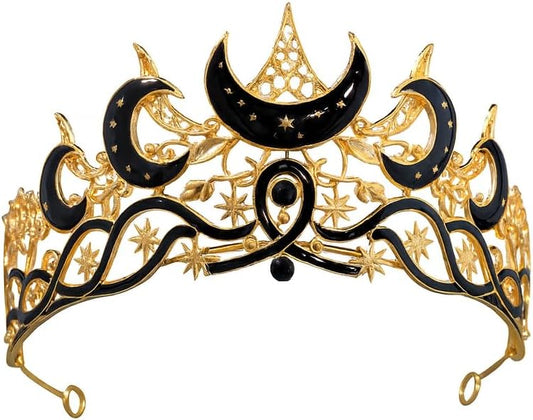 Gothic Black Moon Star Tiara Crown for Women Girls, Retro Celestial Witch Headpiece with Crescent Moon and Stars, Costume Cosplay Halloween Party Prom Wedding Birthday Accessories
