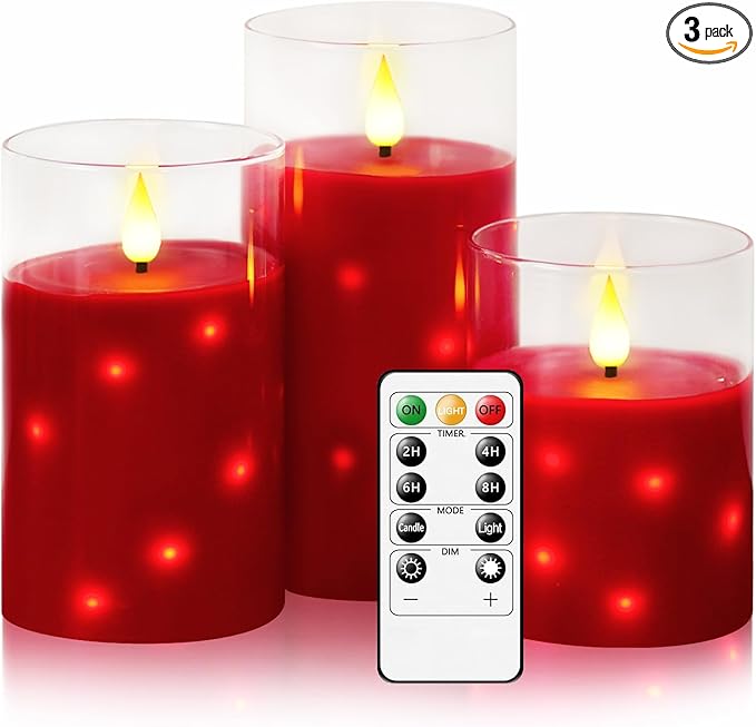 Real Wax Flameless Candles Glass,Battery Operated LED Candles with Flickering Flame,Glass Shell,Interior Star Light Decoration Set of 3 Red (D3×H 4" 5" 6") for Home Decor,Holiday Decoration