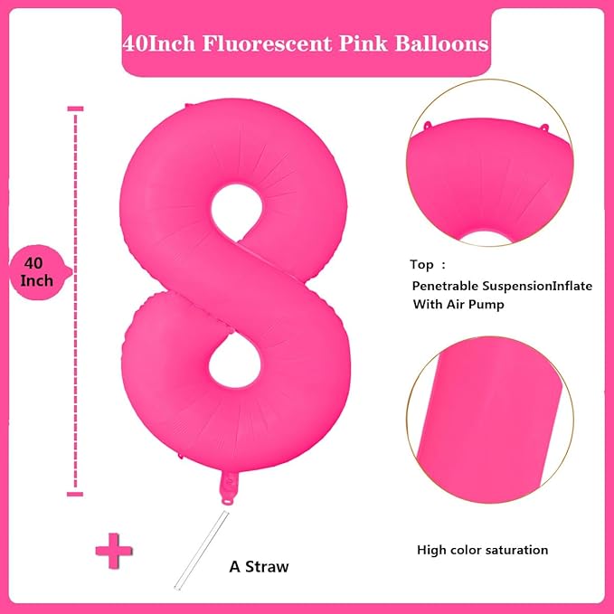 Fluorescent Rose Red Number Balloon 40 inch Giant Foil Helium Balloons Pink Number 8 Balloon for 8th Birthday Party Decorations
