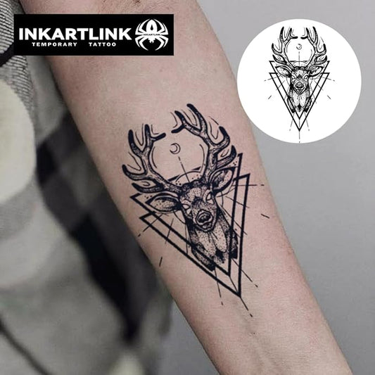 INKARTLINK Tattoo Tech, 2 Sheets Large Semi Permanent Tattoo, Adult Art Design Temporary Tattoos, Lasts 1-2 Weeks, Waterproof, Realistic Look, No Adhesive, No Reflection (Deer Deity Design)