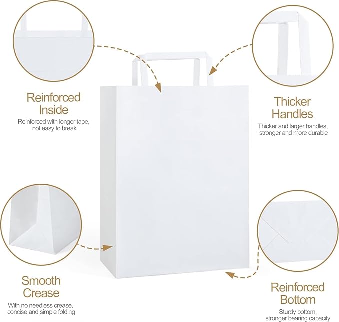 GSSUSA Paper Bags with Handles 10"X5"X13" Gift Bags Medium Size 200 Pack Kraft Paper Bag for Retail Grocery, Take Out Bag (White