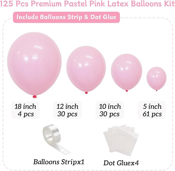 Light Pink Balloons 125 Pcs Pink Different Sizes of 18 12 10 5 Inch Pastel Baby Pale Pink Balloon Arch Kit Garland for Birthday Baby Shower Gender Reveal Valentine's Day Bridal Shower
