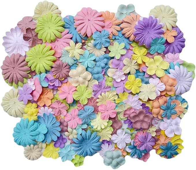 100 Pcs Handmade Mixed Flowers Mulberry Paper Flowers 18 mm - 1.5 Inch Scrapbooking Wedding DIY Craft Supplies Card (Pastels Tone)