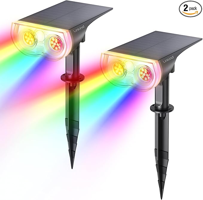 Linkind RGB Christmas Solar Lights Outdoor Waterproof IP67 StarRay Color Changing Spot Lights Outdoor for Yard Garden Pathway Holiday Christmas Decorations (Multicolor, 2 Pack)
