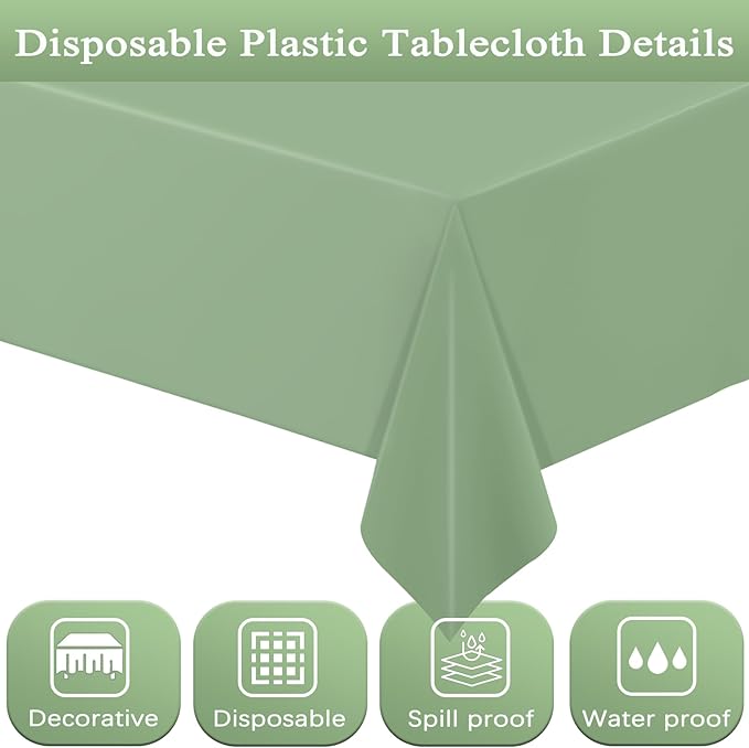 WNINK 4 Pcs Sage Green Plastic Tablecloth for Rectangle Tables Waterproof Green Disposable Table Cover Green Tablecloths for Birthday Wedding Bridal Shower Engagement Parties (54 x 108 Inch)