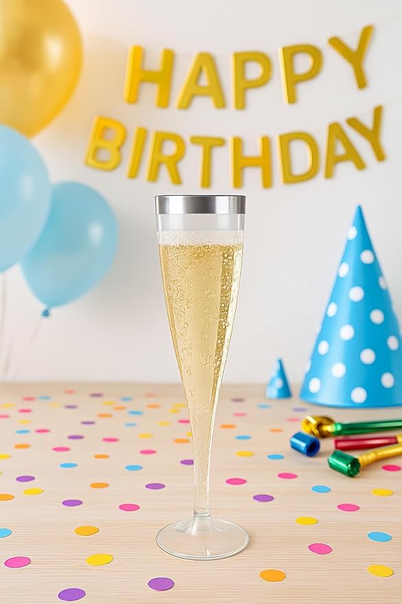 Oojami 100 Plastic Classic Champagne Disposable Flutes for Parties Plastic cups Wedding Party Toasting Cocktail Cups Bulk Party Pack (Silver Rim)