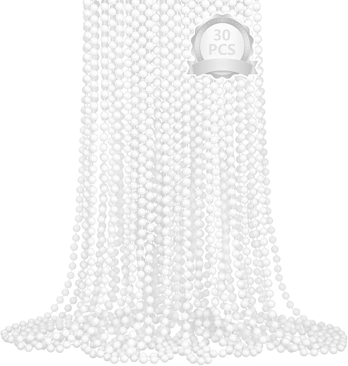 SHAOQINLIN 30 PCS White Bead Necklaces, 33" White Mardi Gras Christmas Beads Necklace, 4th of July Necklaces, Parade Throws Accessories for Christmas Independence Day New Year Party Favors