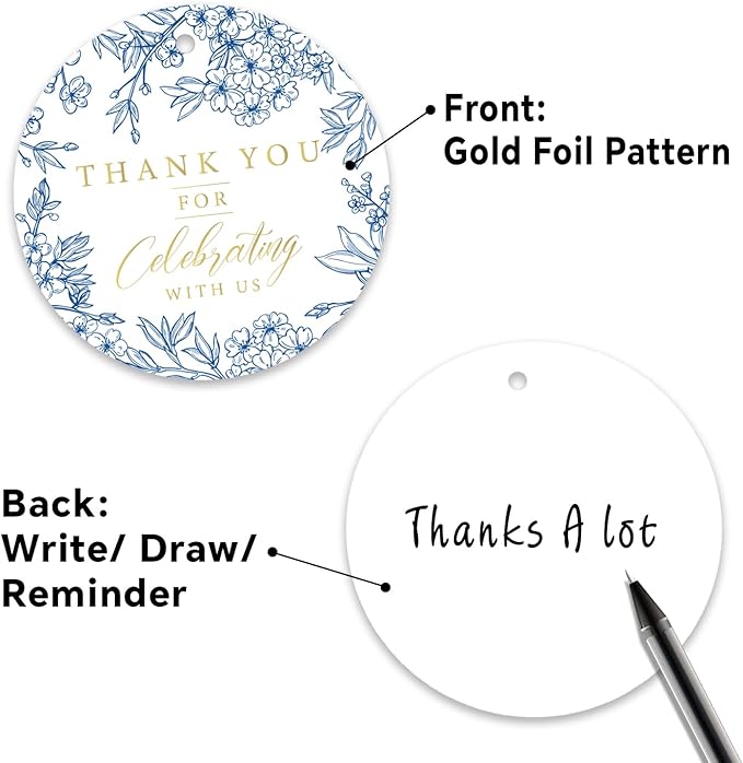 50PCS Thank You Gift Tags, 2x2 inch Blue Floral Personalized Gift Tags with String for Wedding Birthdays Party Favors Baby Shower Bridal Shower