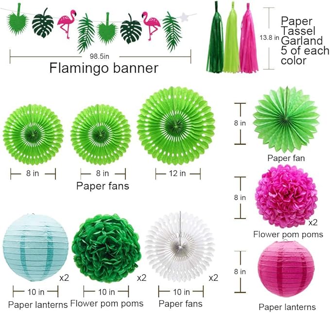 ADLKGG Tropical Flamingo Palm Leaf Banner Party Decorations, Hanging Paper Fans Paper Lanterns Pom Poms Flowers Tissue Tassels for Birthday Baby Shower Summer Hawaiian Party Bachelorette