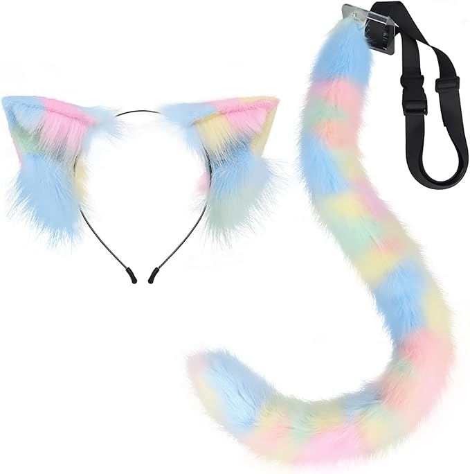 QinRuan Animal Cosplay Costume Accessories Furry Faux Fur Cat Ears Headband and Fox Tail Set Halloween Accessory