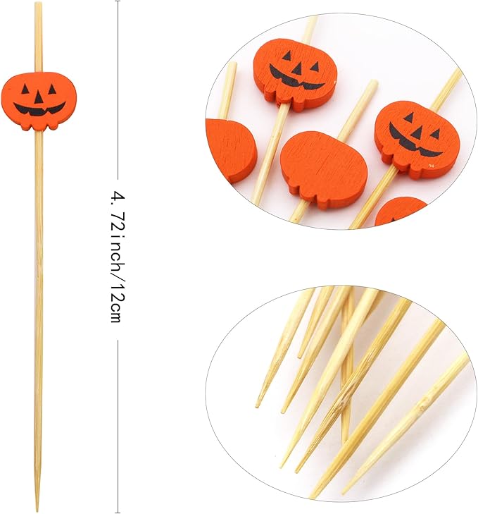BLUE TOP 200PCS 4.7 Inch Halloween Pumpkins Bamboo Cocktail Picks Bamboo Toothpicks Fruit Picks for Home Party Appetizers Cocktail Decorations Charcuterie Board