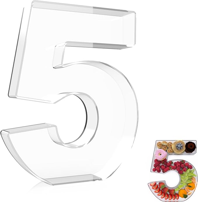 13.8" Extra Large Acrylic Number Charcuterie Board Box, Reusable Fillable Number Cake Candy Dish Display Serving Tray for Birthday Anniversary Party Decoration (5)