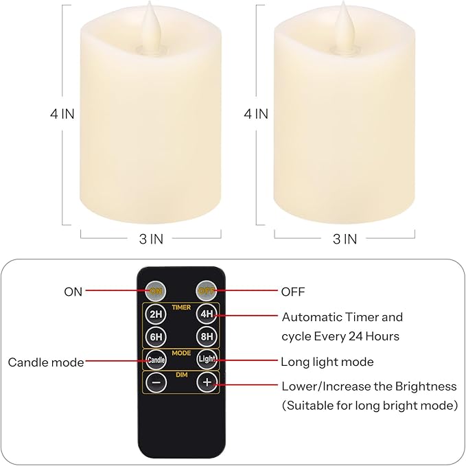 3x4 Flickering Flameless Candles Set of 2,Real Wax LED Battery Candles,with Timer,4 inch Flameless Candles with Remote,Battery Operated Candles,for Wedding Holiday Home Decor,Ivory