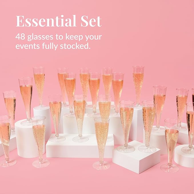 Prestee 48 Pack Champagne Flutes Plastic Disposable - Gold Glitter Flute Glasses for Champagne, Mimosa Bar, New Year's Eve 2025 Party Supplies, Wedding, Shower, Event - 4.5 oz Fairy Stemware