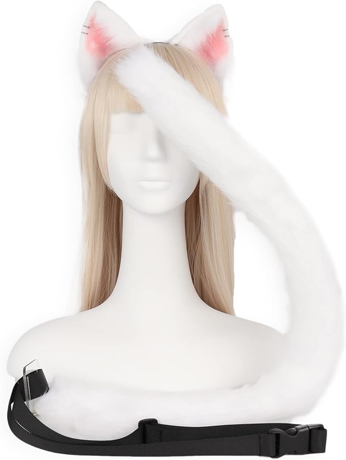 QinRuan Animal Cosplay Costume Accessories Furry Faux Fur Cat Ears Headband and Fox Tail Set Halloween Accessory