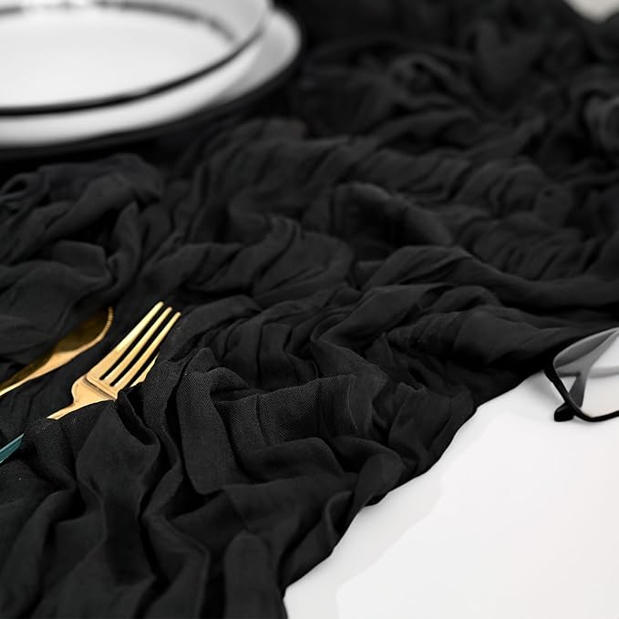 12 Pack Boho Gauze Cheesecloth Long Rustic Sheer Table Runner for Wedding Bridal Baby Shower Birthday Party Cake Table Arbor Decorations (Black)