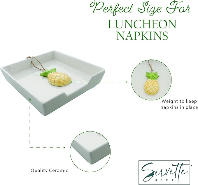 White Ceramic Lunch Napkin Holder with Roped Weight - Pineapple