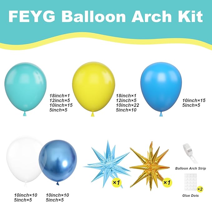 120PCS Blue and Yellow Balloon Arch Kit, Light Blue Yellow White DIY Cartoon Theme with 2pcs 4D Star for Theme Birthday Anniversary Graduation Baby Shower Party Decorations