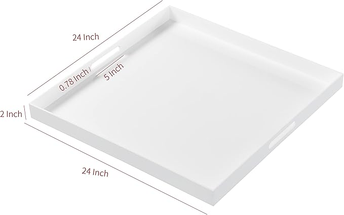 Extra Large Glossy White Acrylic Serving Tray with Handles-King Size Spill Proof-for Ottoman,Coffee Table, Breakfast, Tea, Food, Butler -Safe Edge Organizer-24x24x2H Inch