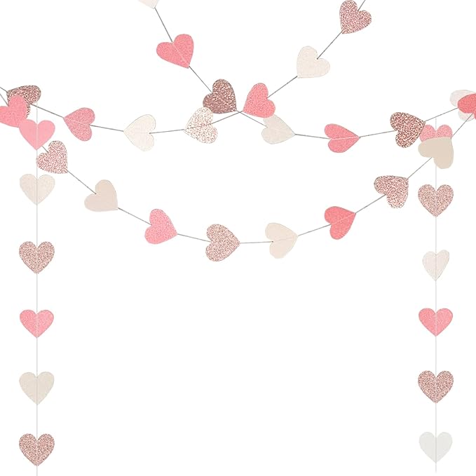 Sparkly Heart Hanging String Garland, Paper Heart Garland Streamers for Bachelorette Birthday Party Decorations Baby Shower Anniversary Bridal Shower Decorations, Rose Gold Pink White